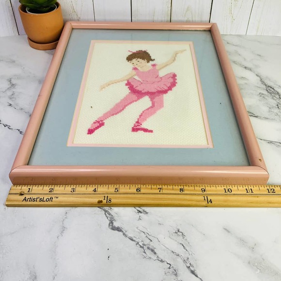 Framed Cross Stitch Pink Ballerina Dancer Tutu Nursery Bedroom 15 x 12 - Picture 6 of 6